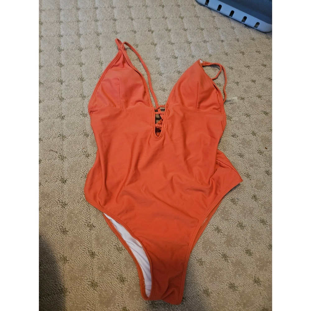 Cupshe Womens Coral Orange Macrame Back One Piece Swimsuit Lace Up V-Neck Medium
